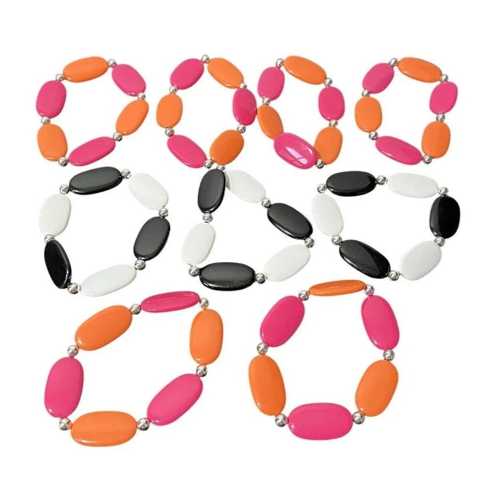 Lot of 9 Fashion Stretch Bracelets Oval Beads Pink Orange Black White Set